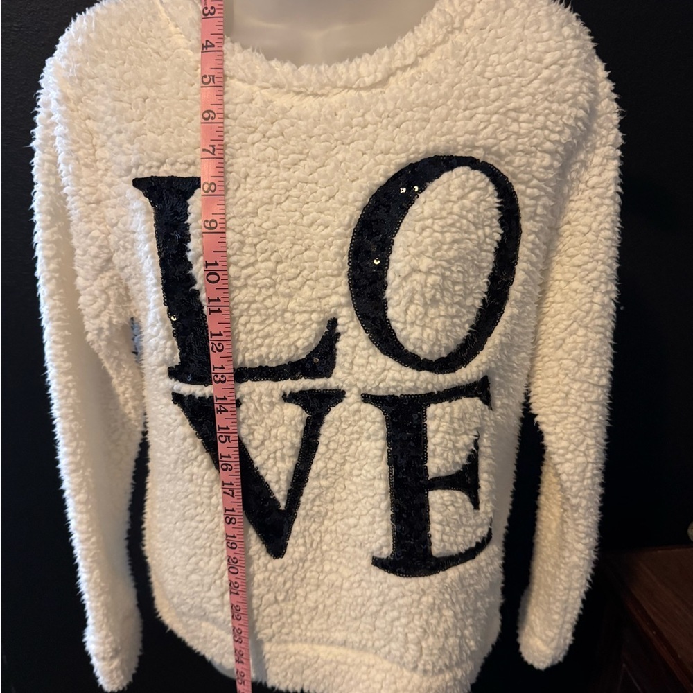 White Fuzzy Sweater with Black sequin LOVE Letters Sz S oversized